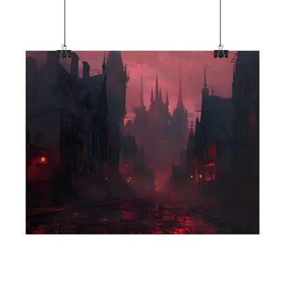 Dark Gothic Cityscape: A Serene Misty Dusk Scene - Poster