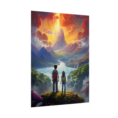 Girl, Boy, Meadow: A Peaceful Cloudy Day Artwork - Poster