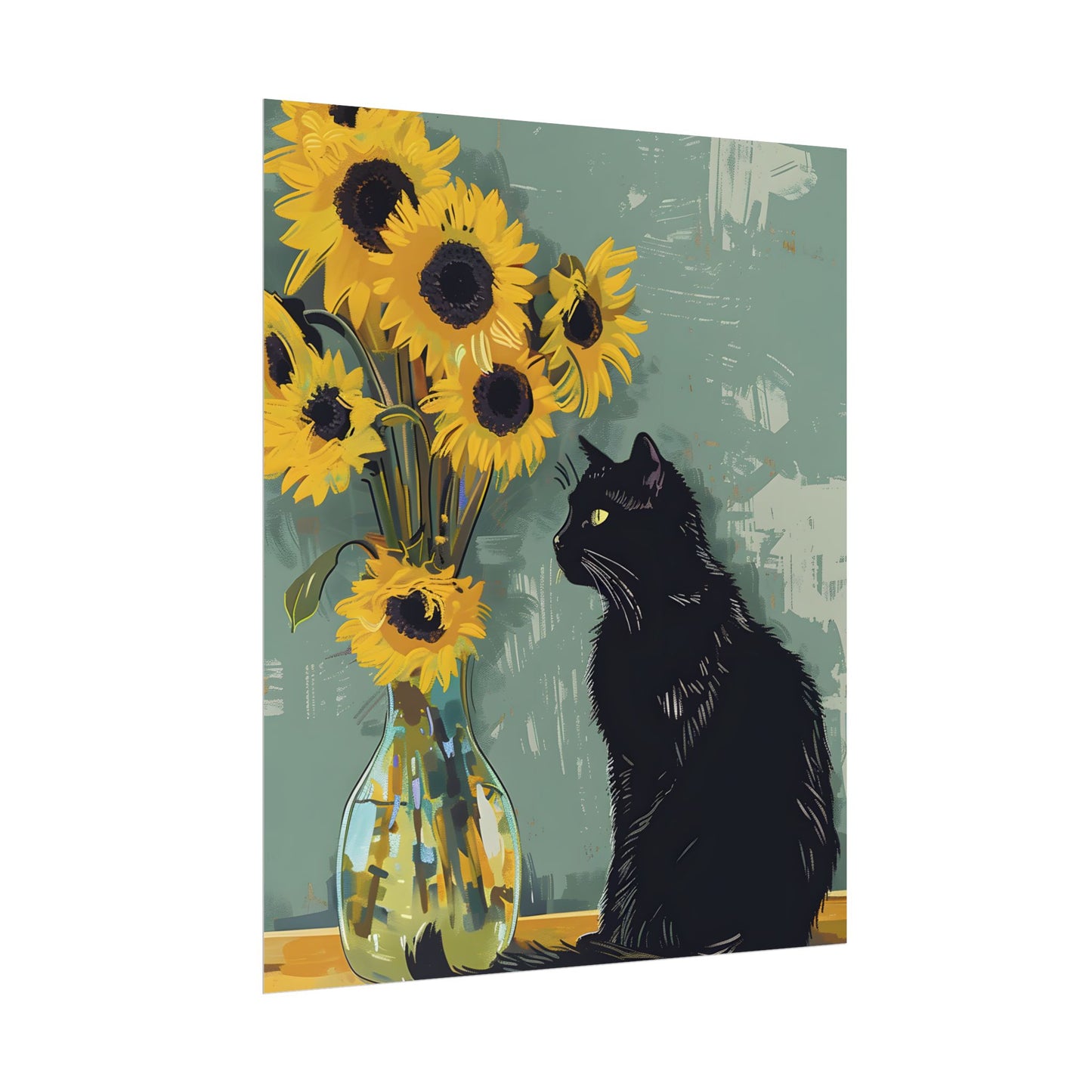 Whispers in the Sun: A Black Cat's Serene Moment with Sunflowers - Poster