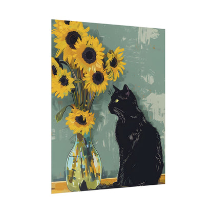 Whispers in the Sun: A Black Cat's Serene Moment with Sunflowers - Poster