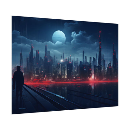Melancholic Night: A Solo Figure in Cyberpunk Cityscape - Poster