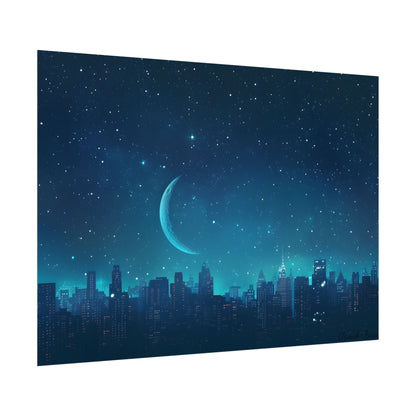 Starry Night Sky: Tranquil Dark Blue Scene with Crescent Moon - Poster