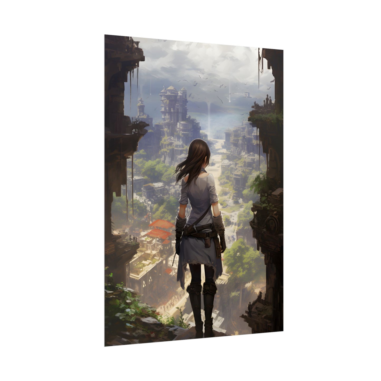 Dramatic Anime City Warrior: Bird's Eye View Digital Art - Poster