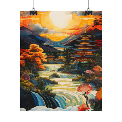 Peaceful Japanese River Landscape with Flowers: Serene Artwork - Poster