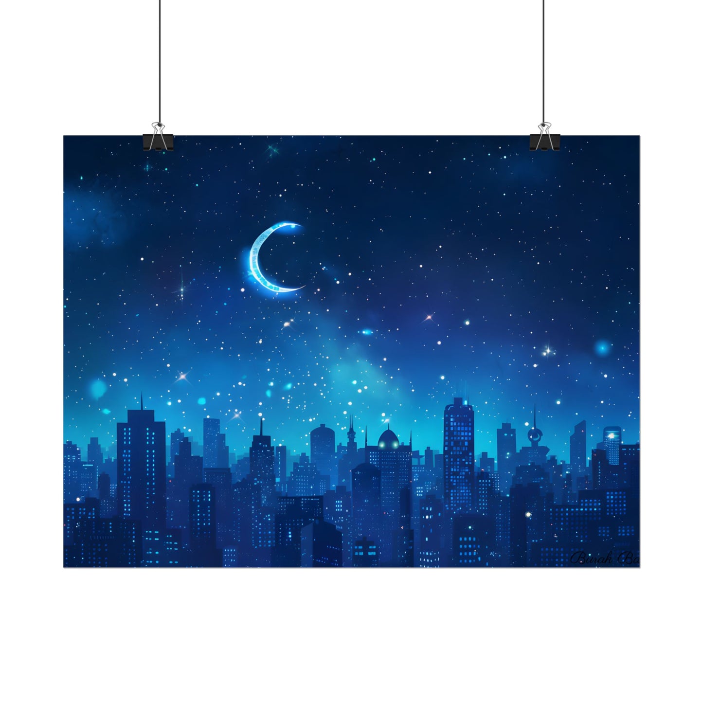 Peaceful Night Sky with Crescent Moon: Starry Digital Art - Poster