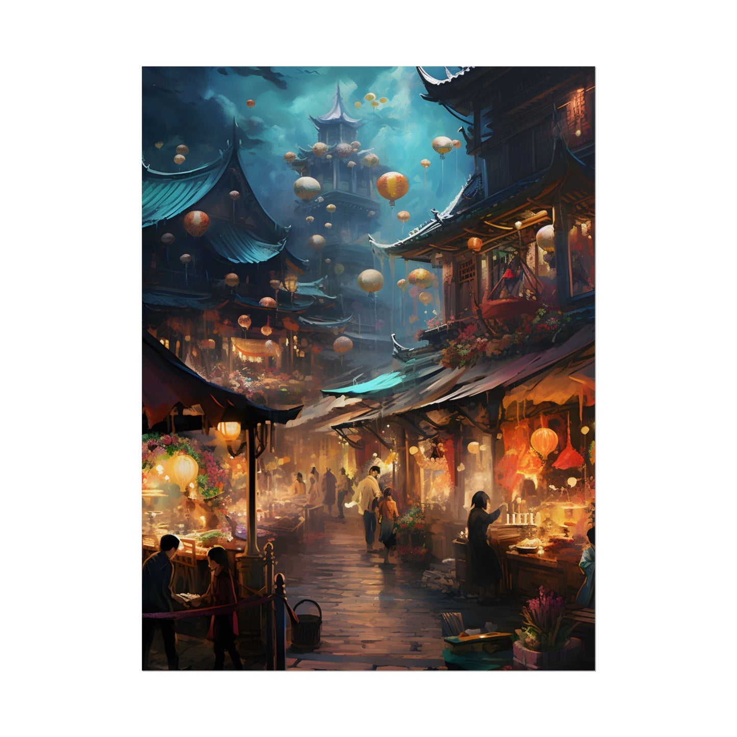 Enchanted Street Food Market: Vibrant Evening Artwork - Poster