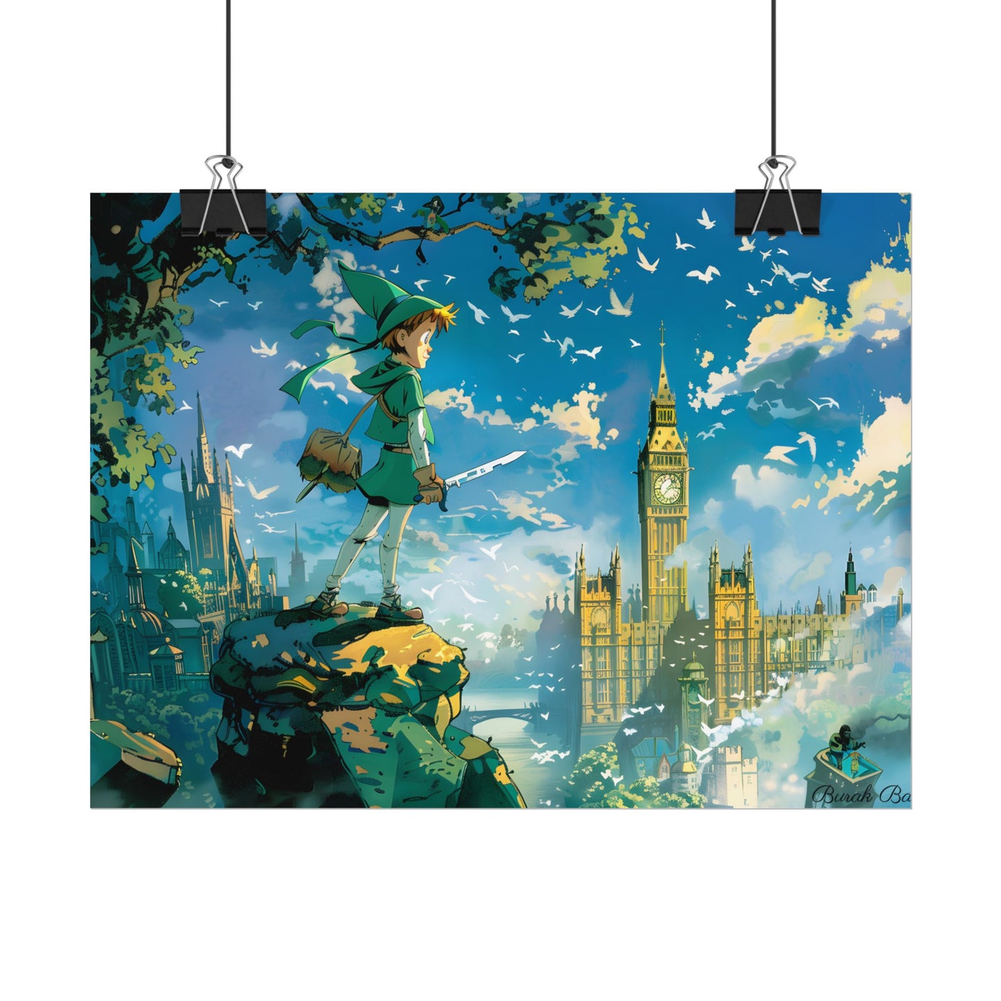 Whimsical Boy in Green: Colorful Illustration Artwork - Poster