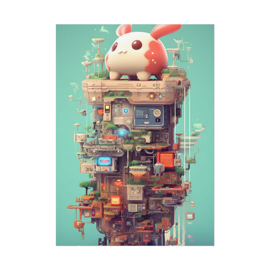 Pixelated Cyber-Pet Adventures: Whimsical Cat in Front of Computer - Poster
