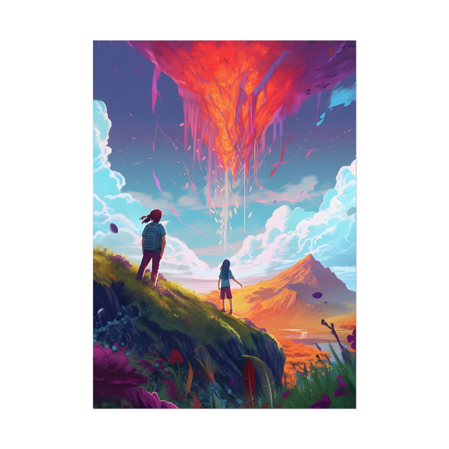 Children's Serene Moment: Meadow Under a Cloudy Sky - Poster