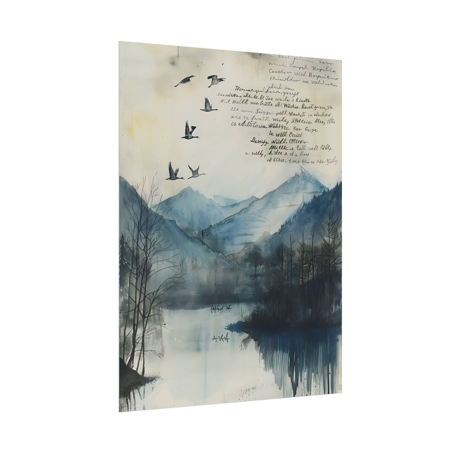 Nature's Serenity: Mountain Lake Birds in Flight Artwork - Poster