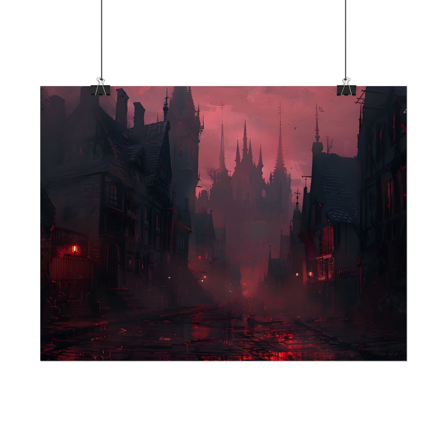 Dark Gothic Cityscape: A Serene Misty Dusk Scene - Poster