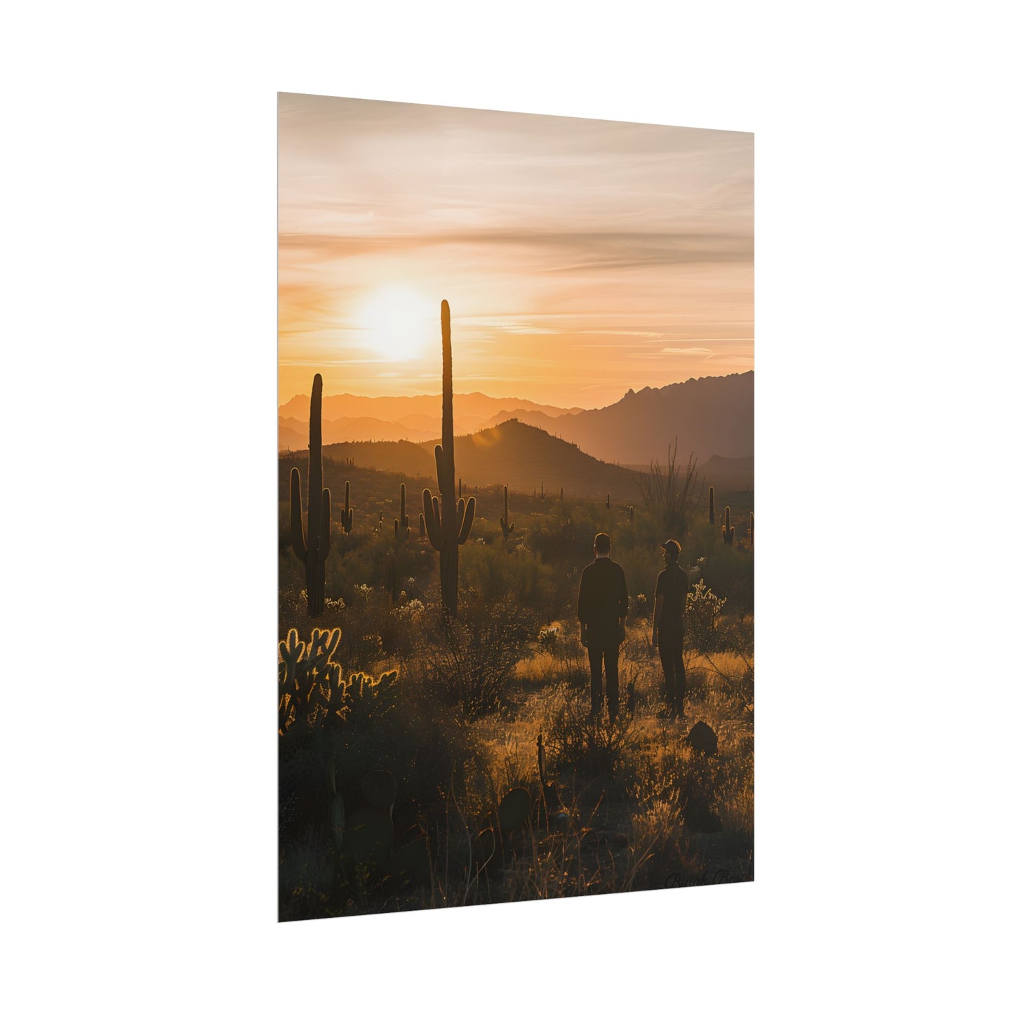 Desert Sunset Serenity: Two Friends Standing Together - Poster