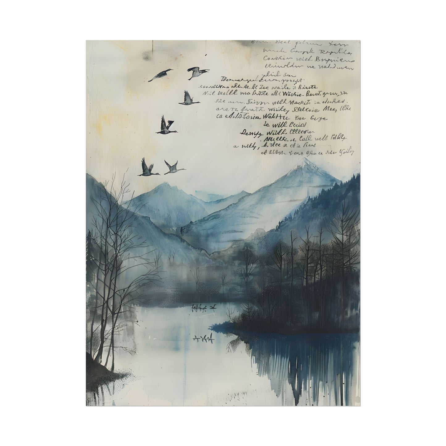 Nature's Serenity: Mountain Lake Birds in Flight Artwork - Poster