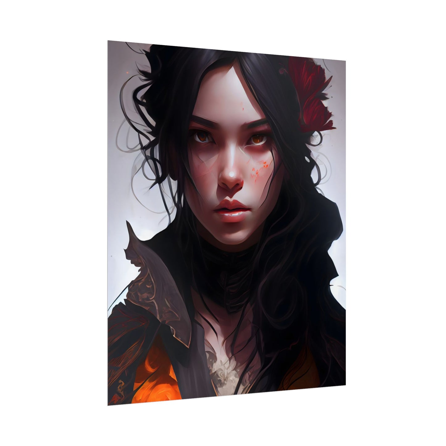 Black Hair Female Portrait: Elegant Dress Artwork - Poster