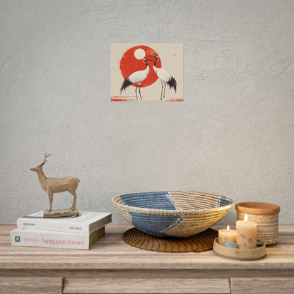 Serene Wildlife Sanctuary: Cranes in Red Nature Scene Art - Poster