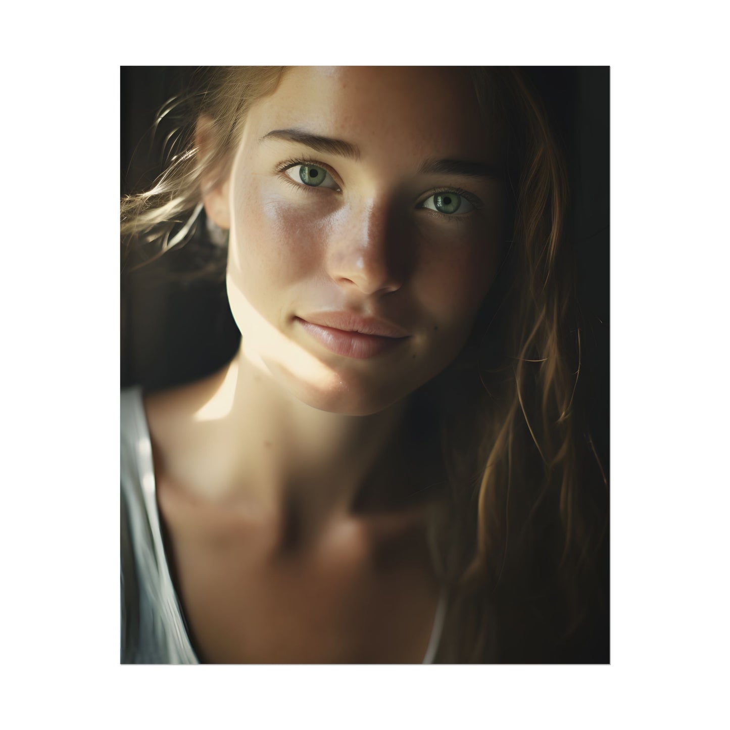 Grinning Woman: Close-Up Portrait with Joyful Expression - Poster