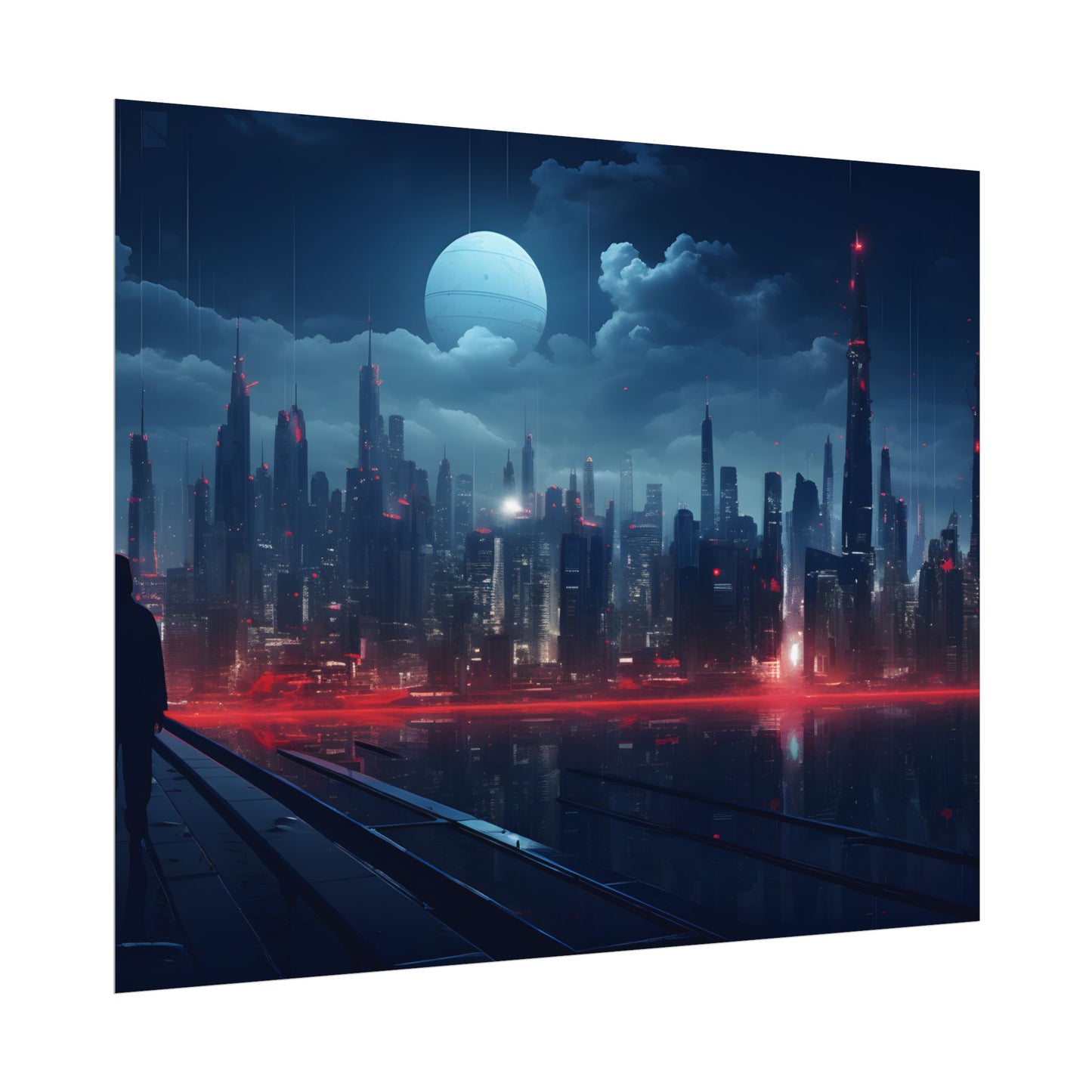 Melancholic Night: A Solo Figure in Cyberpunk Cityscape - Poster