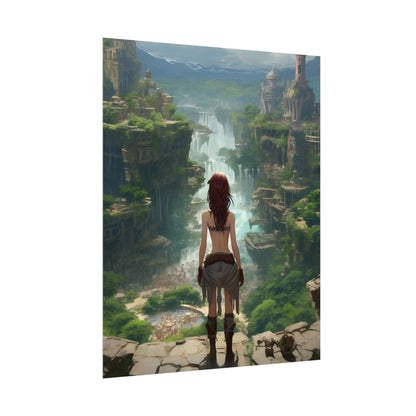 Dramatic Birds Eye View: Red Haired Anime Girl in Urban Landscape - Poster