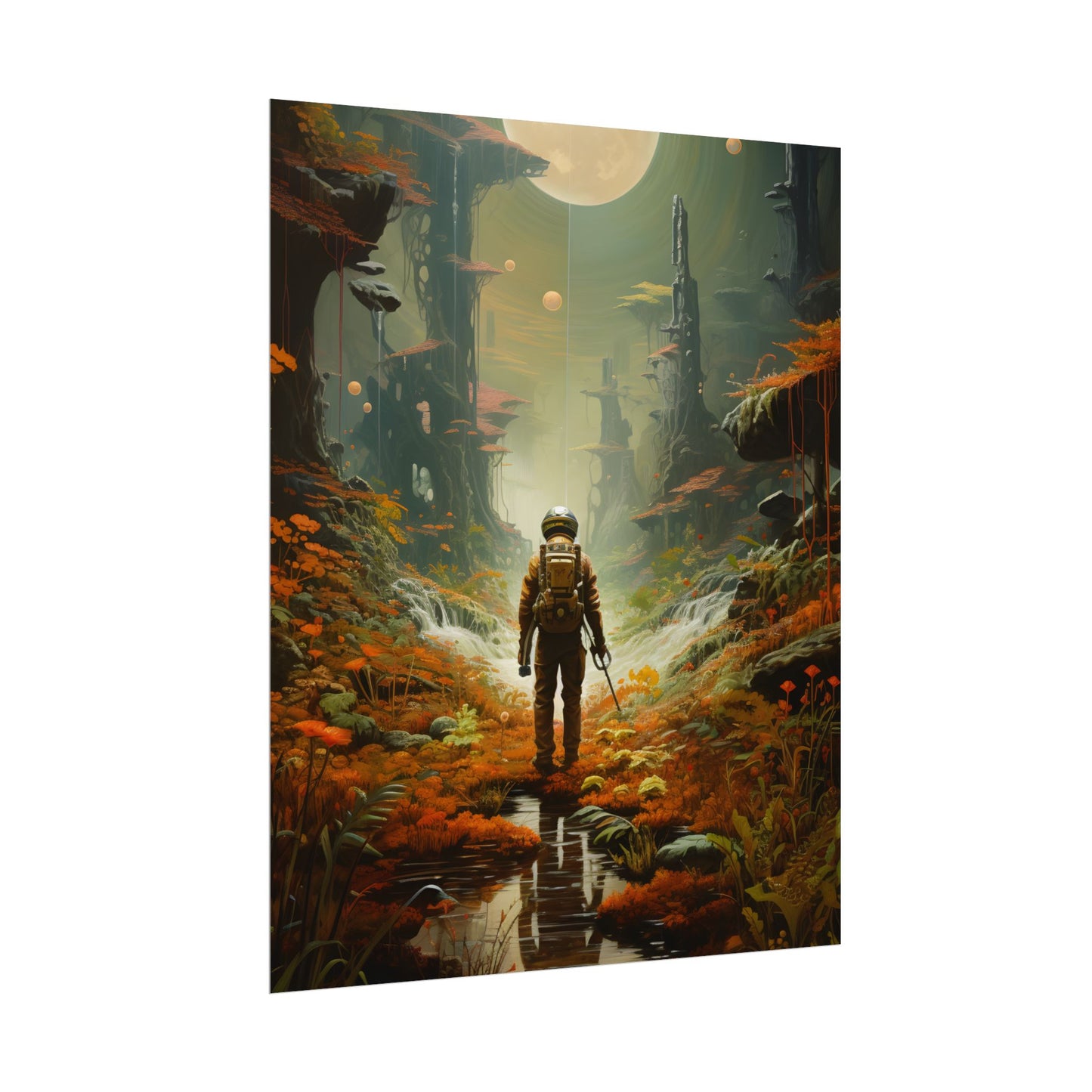 Futuristic Explorer in Wilderness: Digital Artwork - Poster
