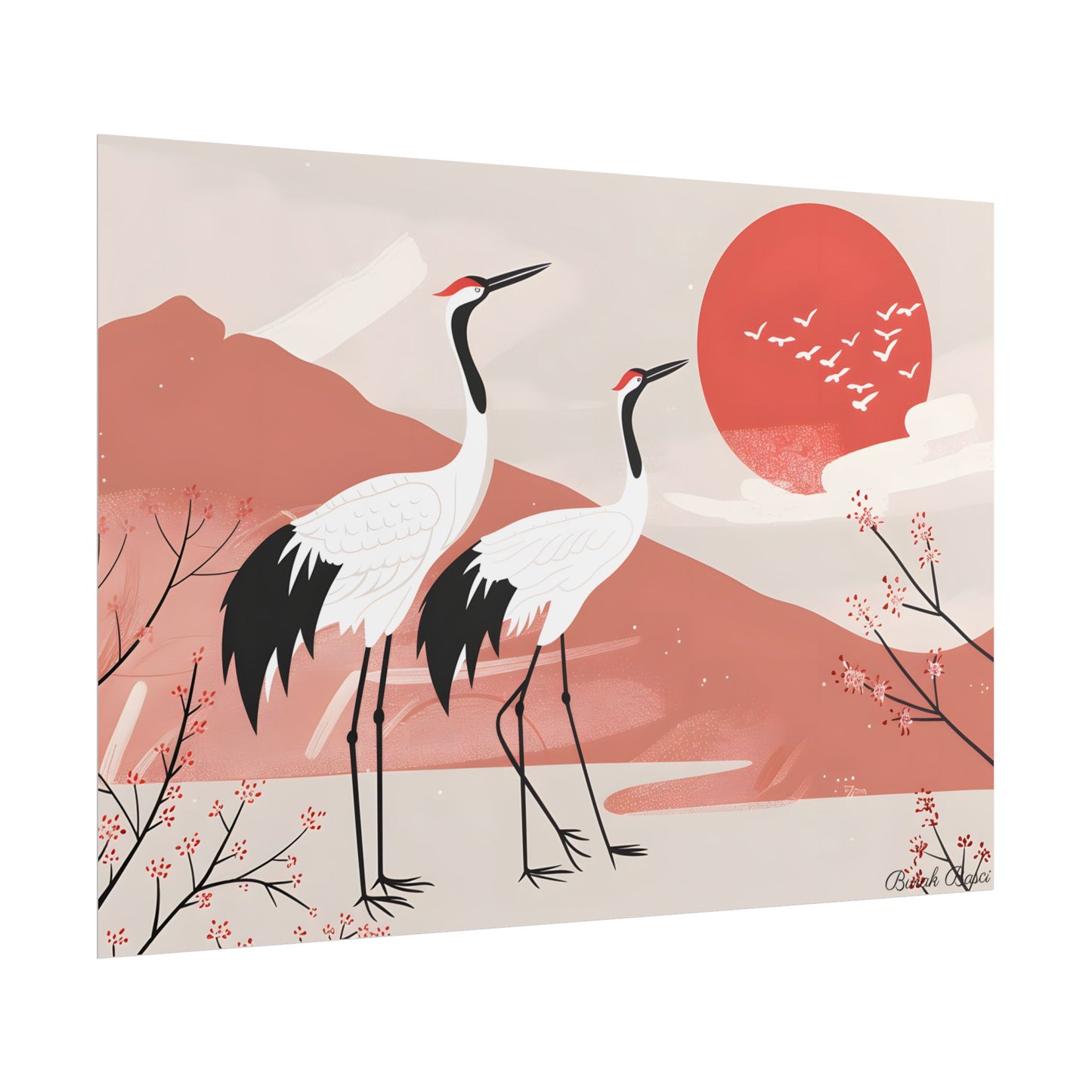 Serene Landscape with Cranes: Peaceful Nature Art - Poster