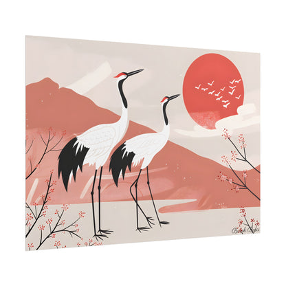 Serene Landscape with Cranes: Peaceful Nature Art - Poster