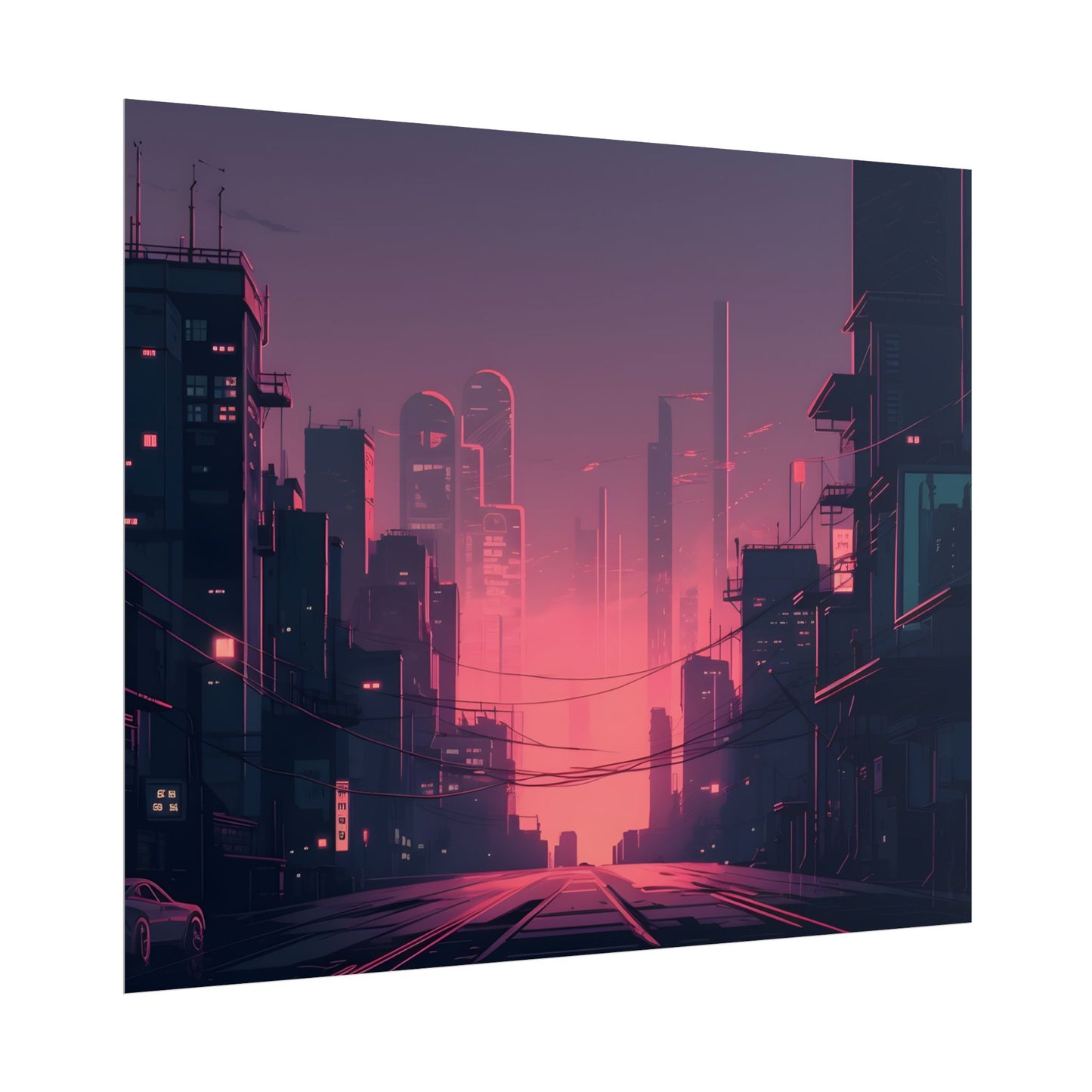 Cyberpunk Nighttime Cityscape: Melancholic Mood - Poster