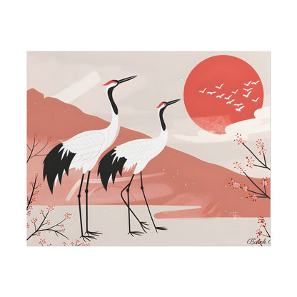 Serene Landscape with Cranes: Peaceful Nature Art - Poster