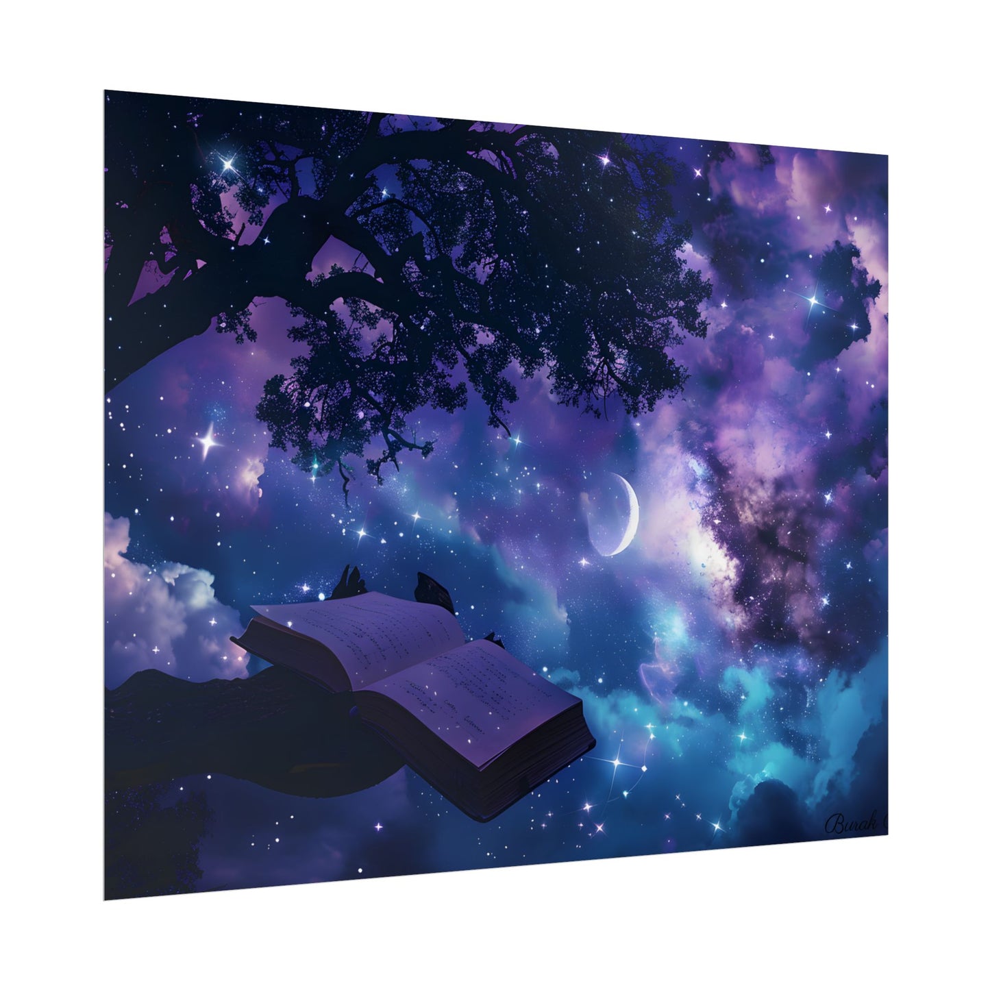 Mystical Night Sky: Celestial Dreams with Crescent Moon Art - Poster