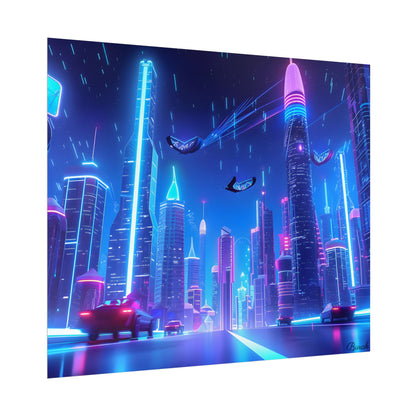 Vibrant Futuristic Cityscape: Neon Lights at Night Digital Artwork - Poster