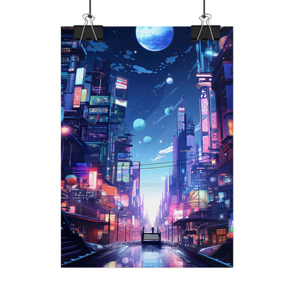 Melancholic Night in Cyberpunk City: Urban Landscape Art - Poster