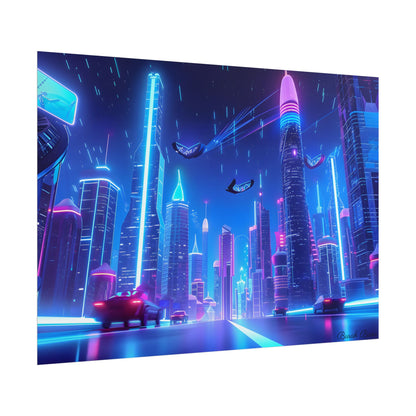 Vibrant Futuristic Cityscape: Neon Lights at Night Digital Artwork - Poster