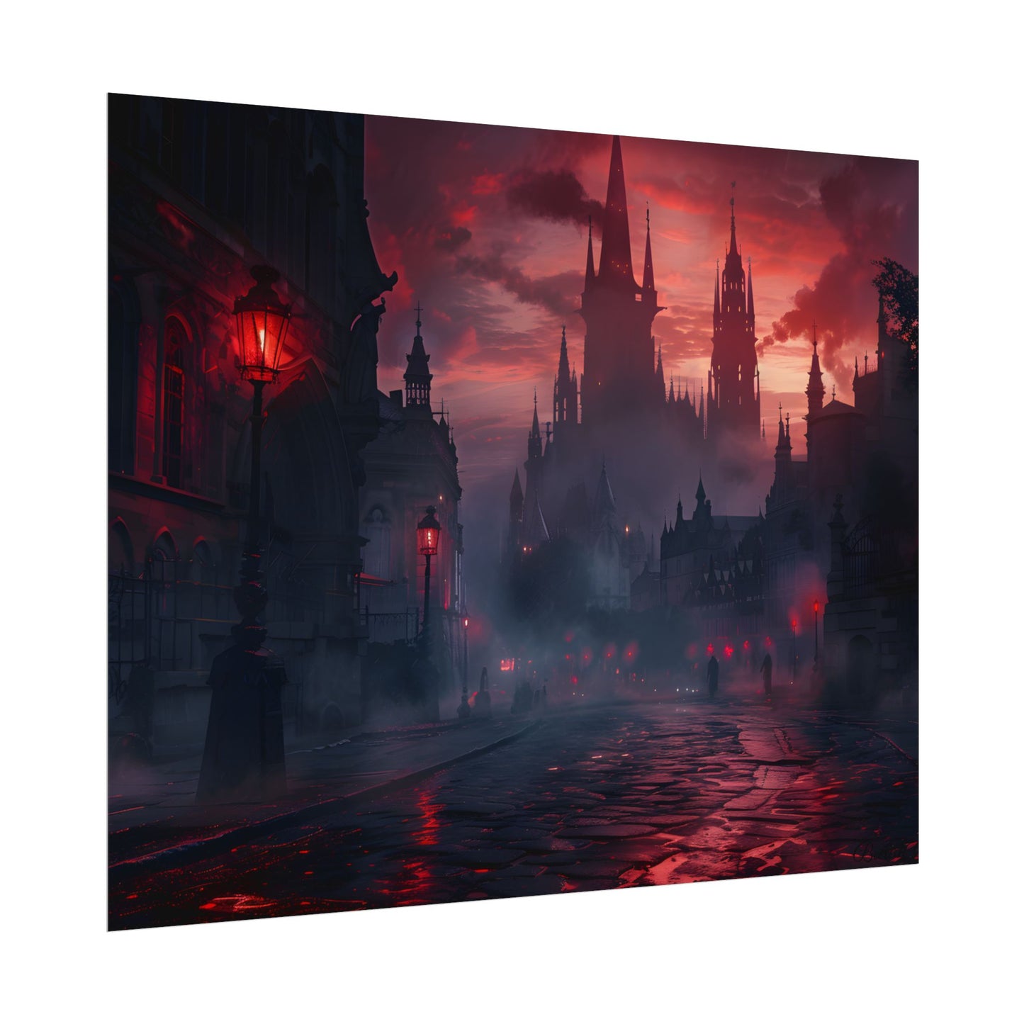 Gothic City Dusk: Pointed Arches and Misty Atmosphere - Poster
