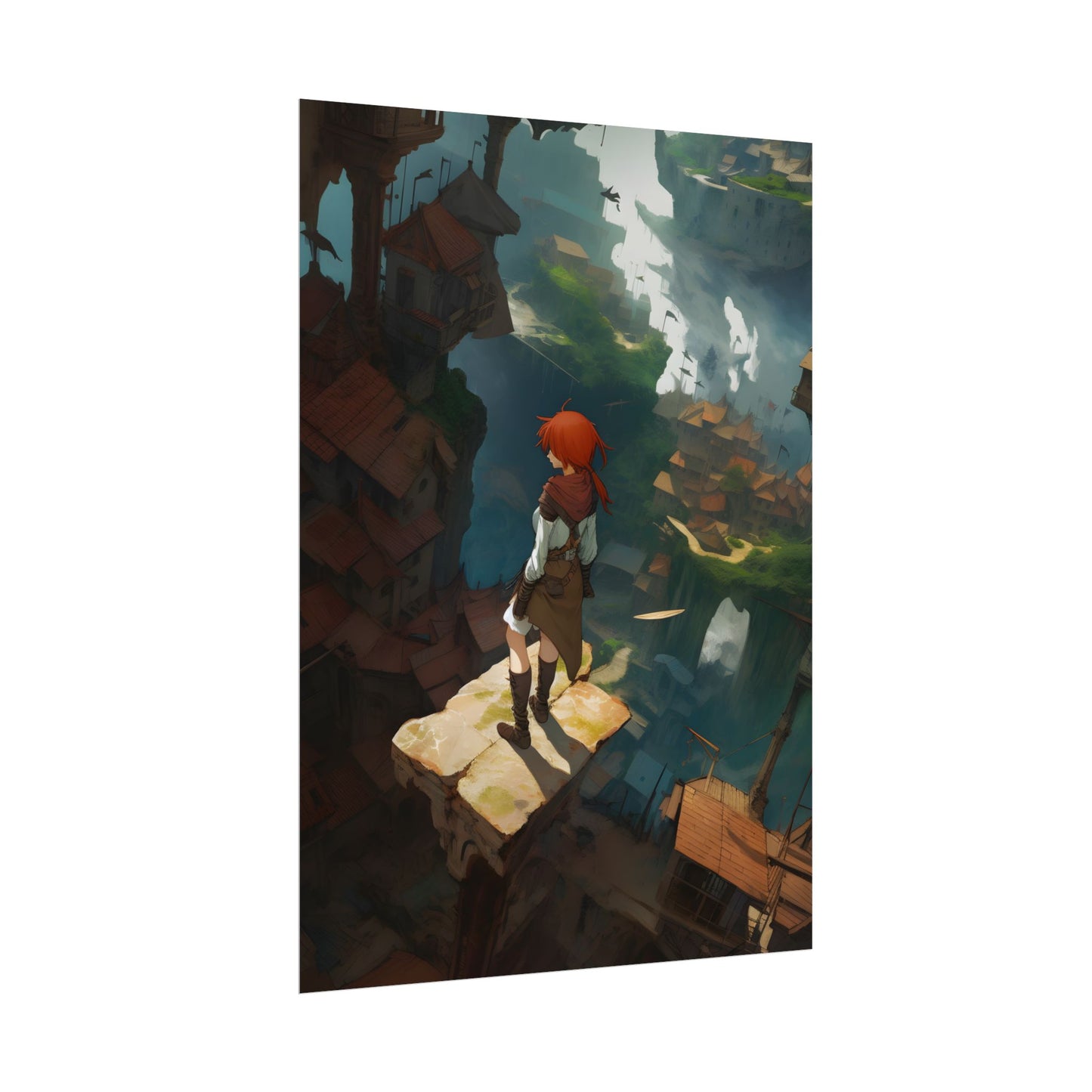 Dramatic Night City Anime: Red Haired Female Digital Art - Poster