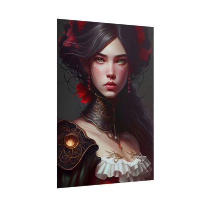 Elegant Black Hair Portrait in White Dress - Poster