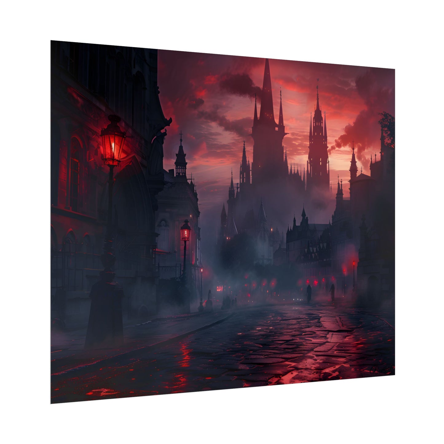 Gothic City Dusk: Pointed Arches and Misty Atmosphere - Poster