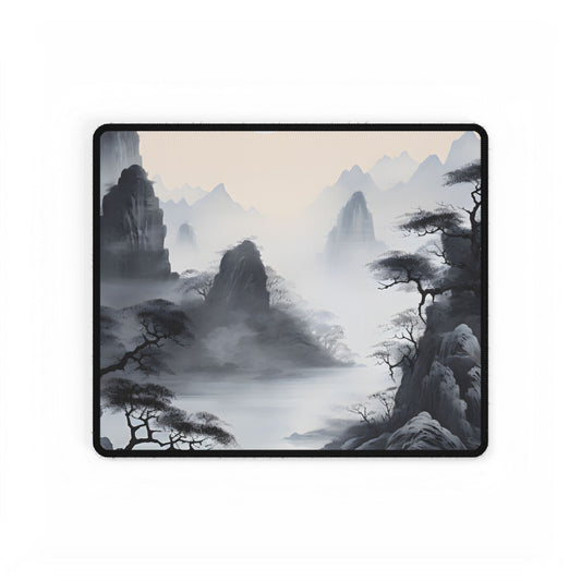 Chinese Ink Serenity: Mirrored Lakes Landscape Art - Desk Mat