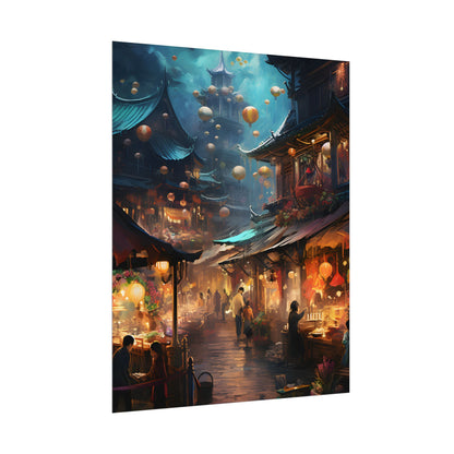Enchanted Street Food Market: Vibrant Evening Artwork - Poster