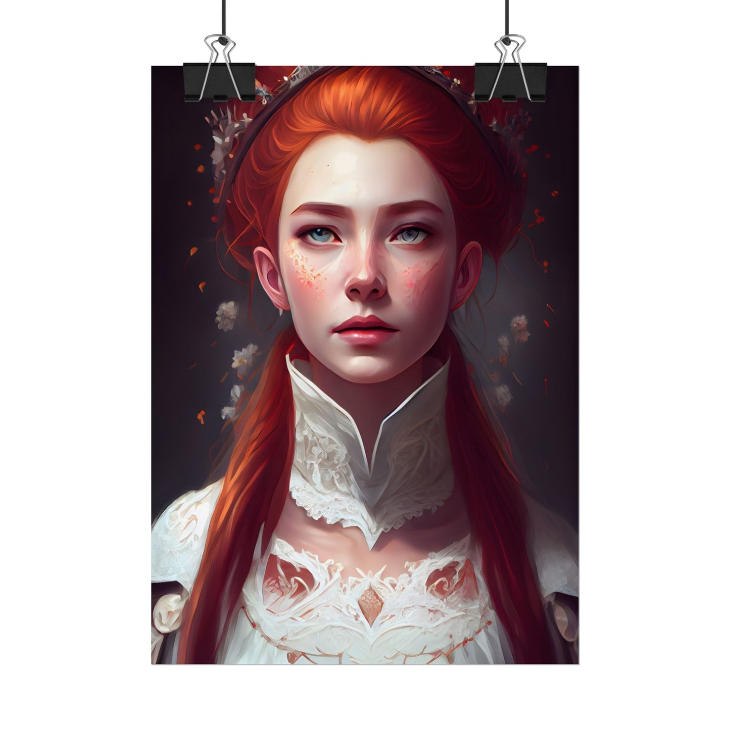 Soft Glow Redhead Portrait: Elegant Female Artwork in Dress - Poster