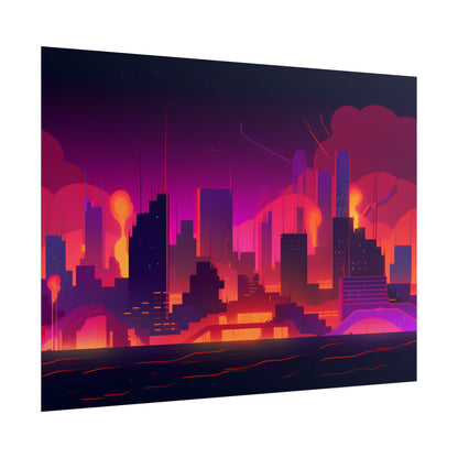 Burning Cyberpunk Cityscape: Nighttime Digital Artwork - Poster