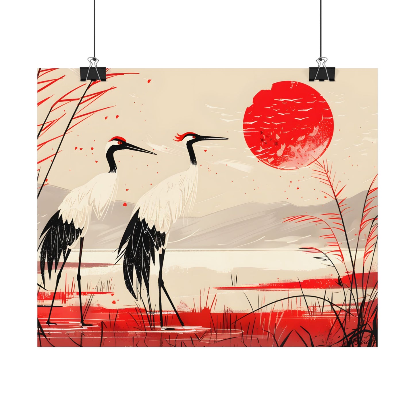 Peaceful Cranes in Serene Nature: Landscape Artwork - Poster