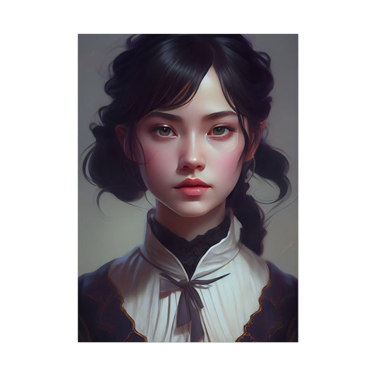 Realistic Black Haired Female Portrait in Dress: Artwork - Poster