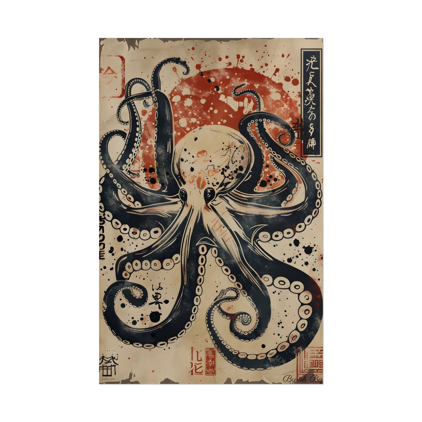 Stylized Octopus: Vibrant Japanese Ukiyo-E Artwork - Poster