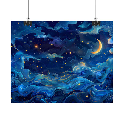 Whimsical Dreamy Night Sky: Stars, Moon, and Shooting Star - Poster