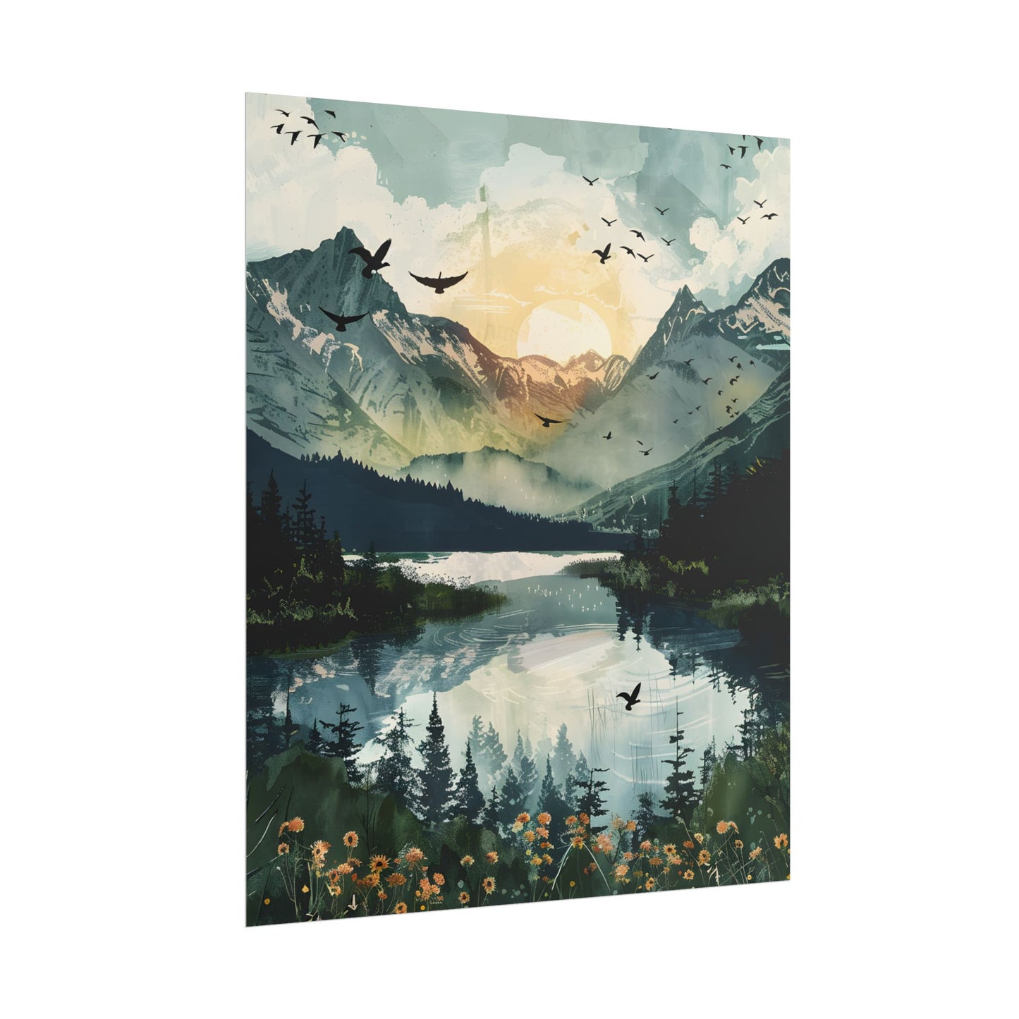 Serene Mountain Lake: Birds in Flight - Natural Art - Poster
