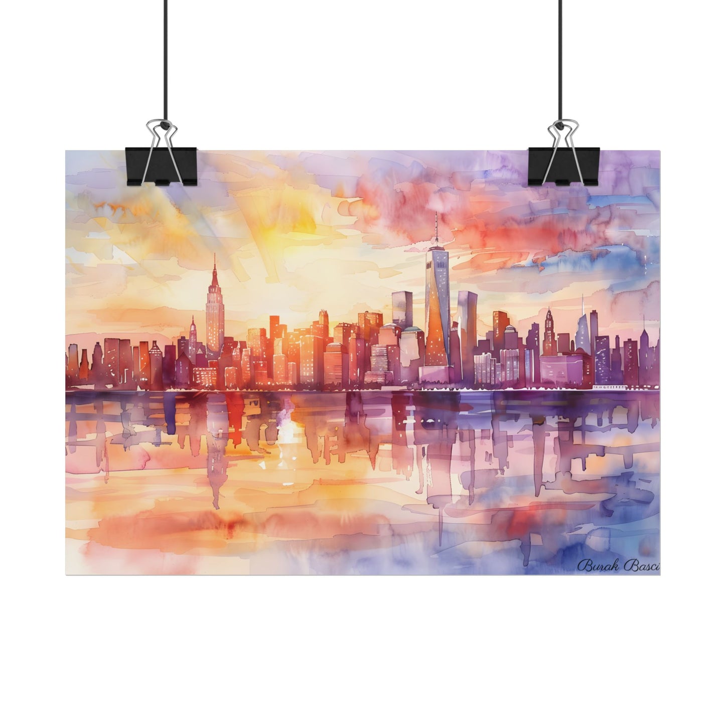 Watercolor Sunset New York City Skyline: Beautiful Artwork - Poster