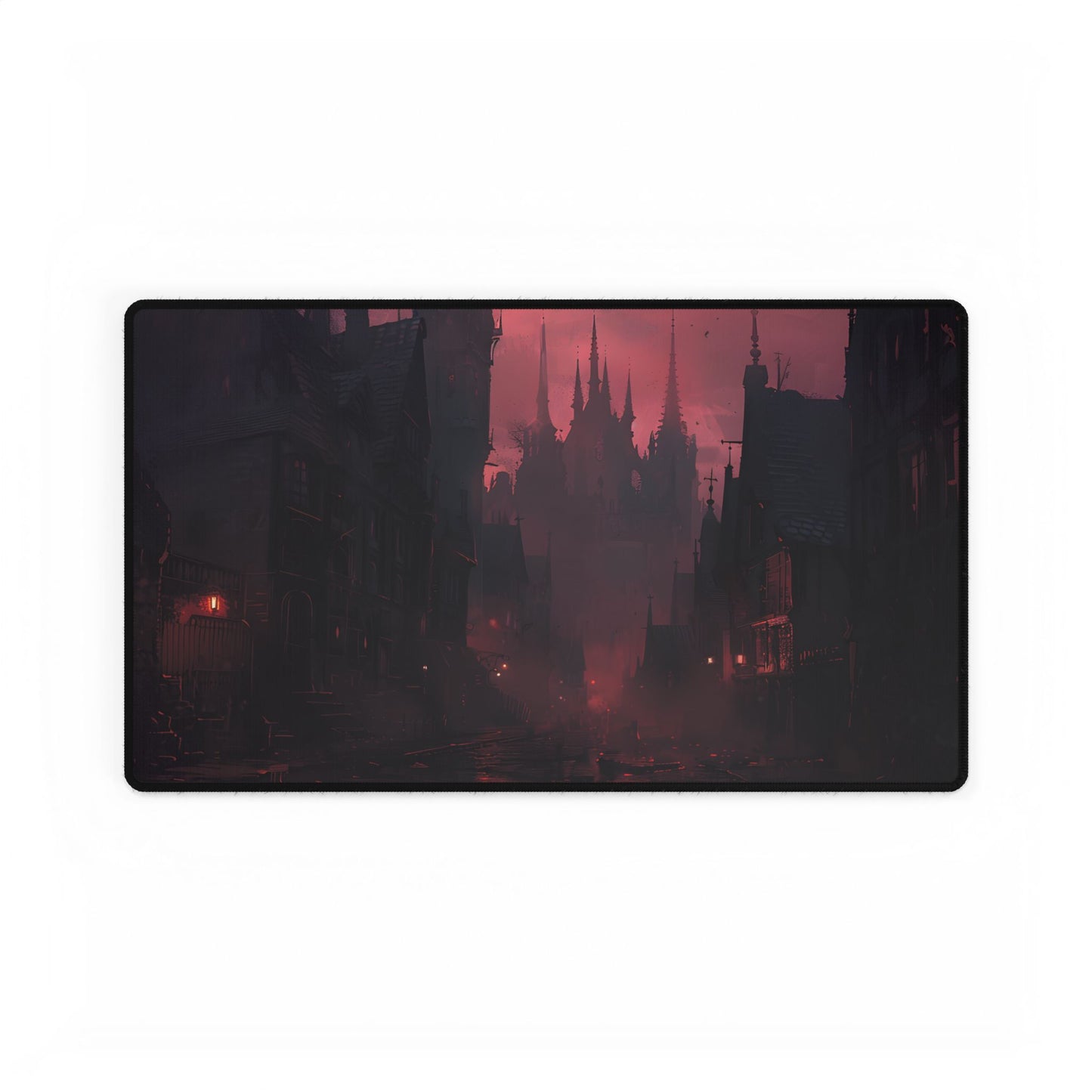 Dark Gothic Cityscape: A Serene Misty Dusk Scene - Desk Mat