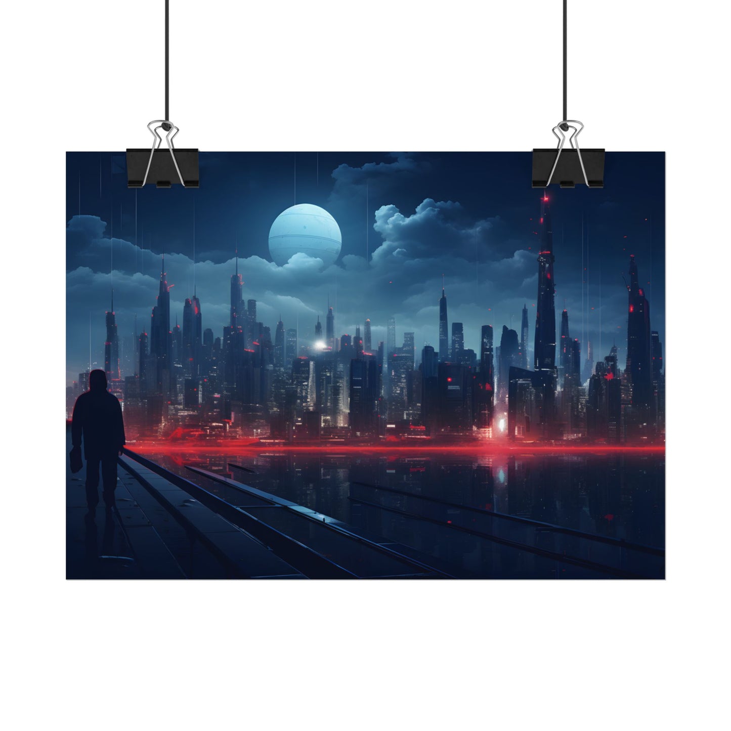 Melancholic Night: A Solo Figure in Cyberpunk Cityscape - Poster