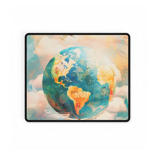 Vintage Globe with 80 Iconic Landmarks: Educational Artwork - Desk Mat