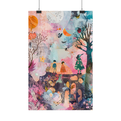 Colorful Whimsy: Blue Fish, Yellow Bird, Pink Cat Art Collage - Poster
