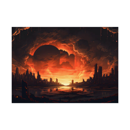 Futuristic Cyberpunk Night: Burning Cityscape Landscape Art - Poster
